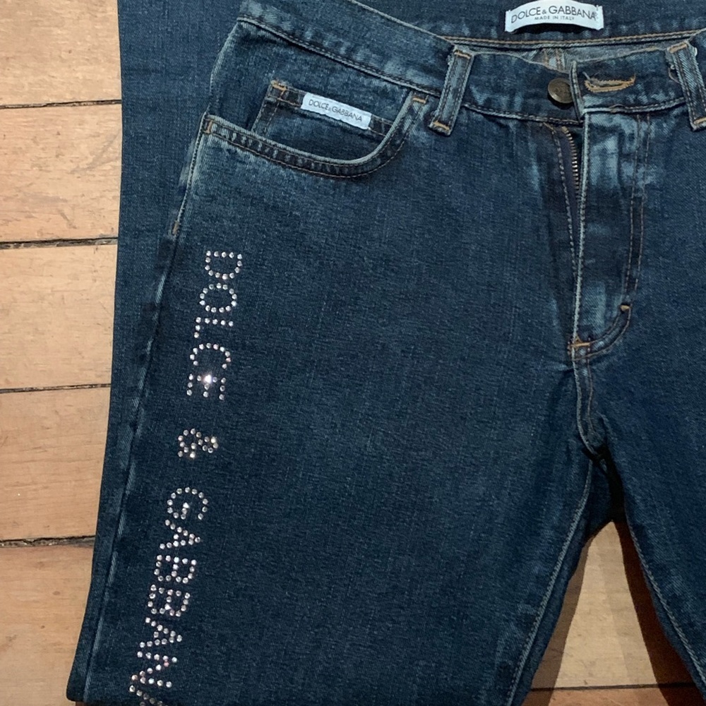 dolce and gabbana denim rhinestone bootcut pants